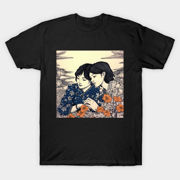 Two Asian female Friends in Flower Field T-Shirt by KOTYA